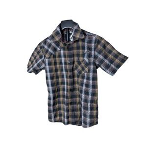 Volcom Hudson Kids Youth Medium Black Tan Plaid Short Sleeve Button Up Shirt
